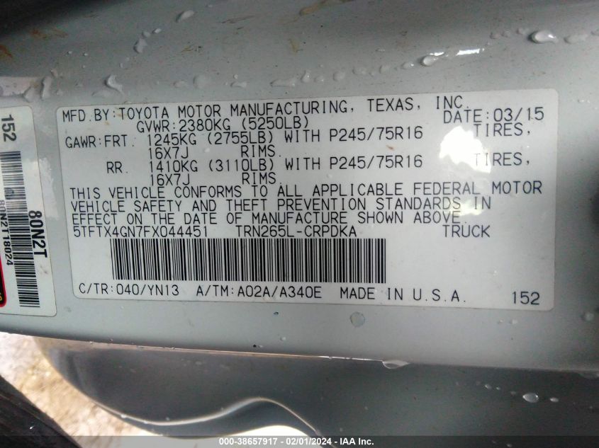 2015 TOYOTA TACOMA PRERUNNER - 5TFTX4GN7FX044451