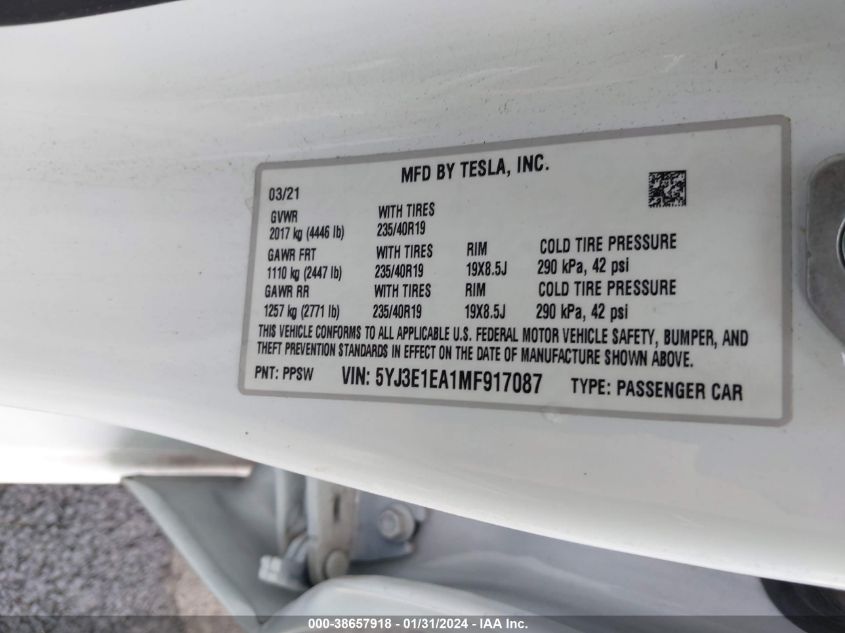 2021 TESLA MODEL 3 STANDARD RANGE PLUS REAR-WHEEL DRIVE - 5YJ3E1EA1MF917087