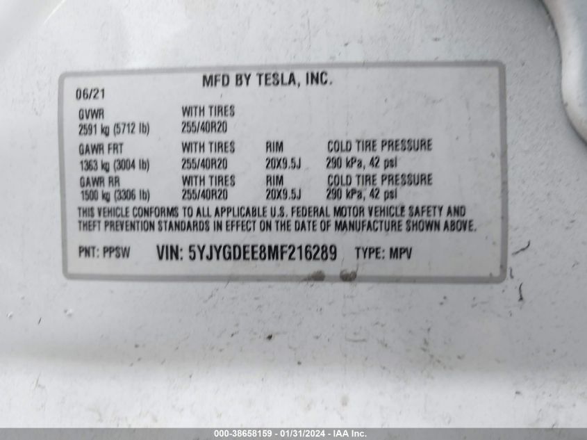 2021 TESLA MODEL Y - 5YJYGDEE8MF216289