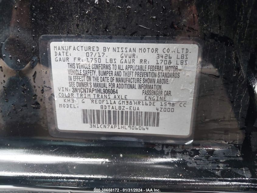 2017 NISSAN VERSA 1.6 SV - 3N1CN7AP1HL906064