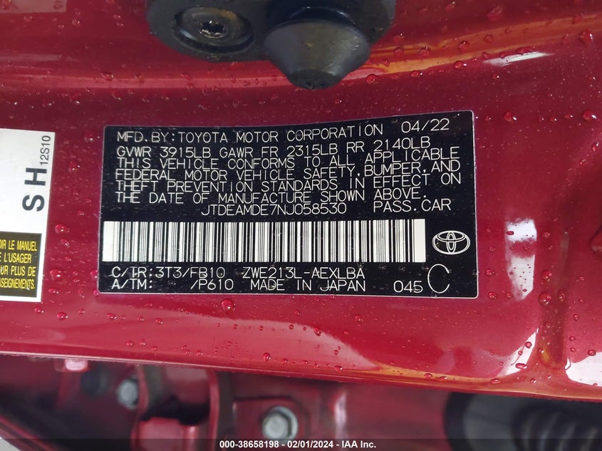 VIN JTDEAMDE7NJ058530 2022 TOYOTA COROLLA LE