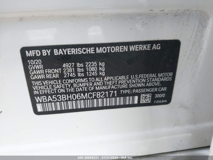 2021 BMW 530 I WBA53BH06MCF8217