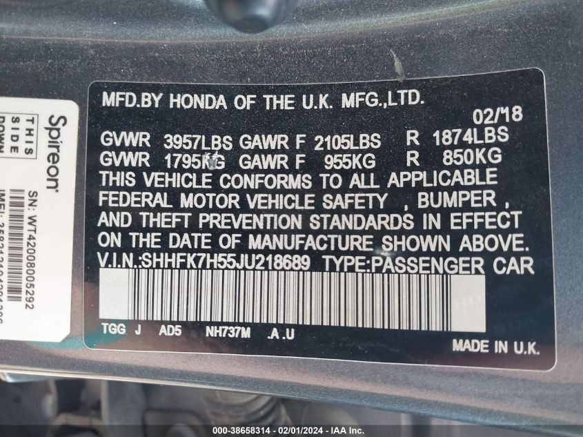 2018 HONDA CIVIC EX - SHHFK7H55JU218689