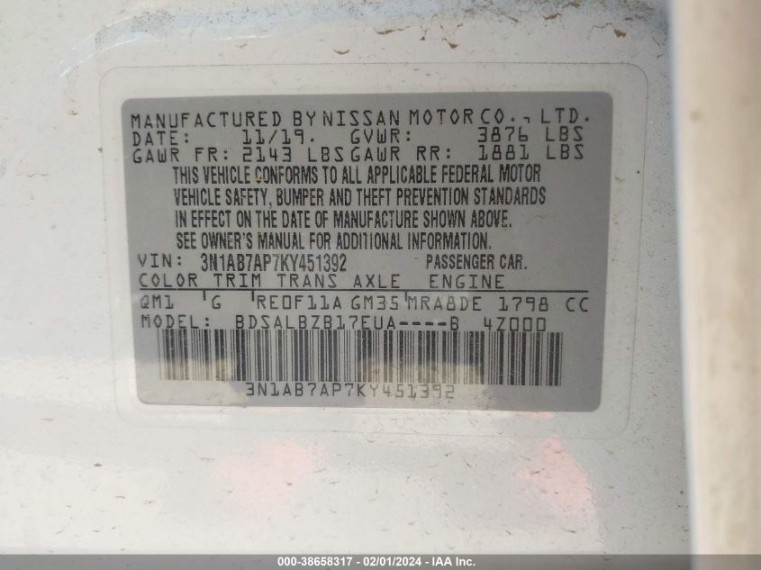 2019 NISSAN SENTRA S/SV/SR/SL - 3N1AB7AP7KY451392