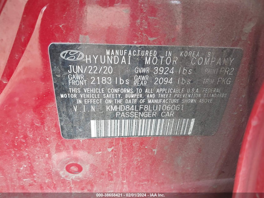 VIN KMHD84LF8LU106061 2020 HYUNDAI ELANTRA SEL/VALUE/LIMITED