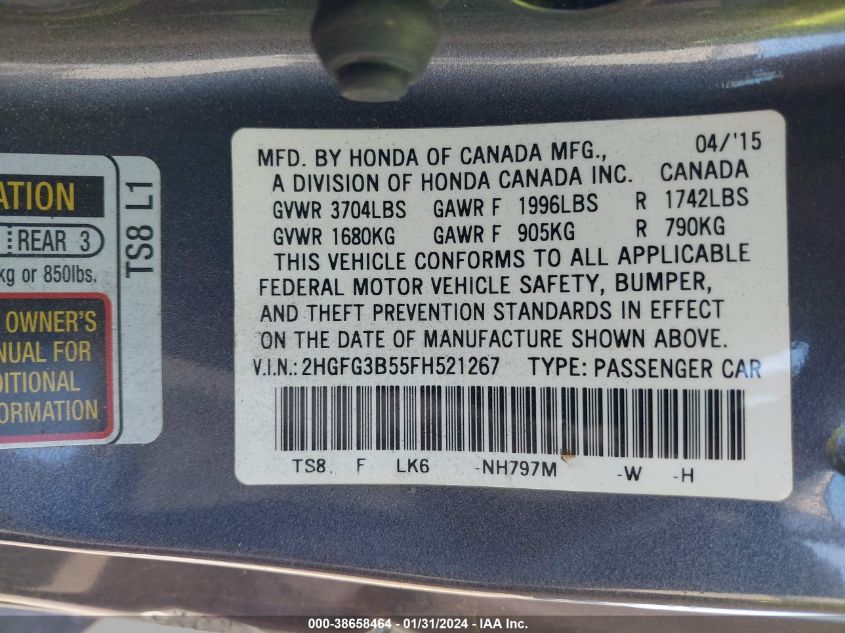 2015 HONDA CIVIC LX - 2HGFG3B55FH521267