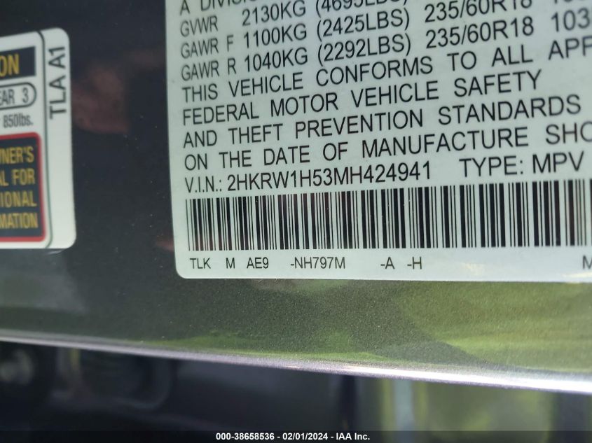 2021 HONDA CR-V EX - 2HKRW1H53MH424941
