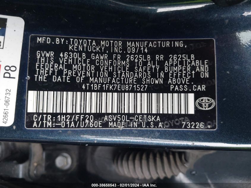 2014 TOYOTA CAMRY L/SE/LE/XLE - 4T1BF1FK7EU871527