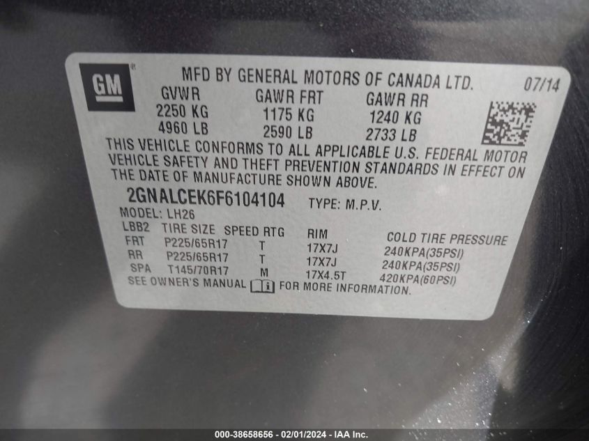 2015 CHEVROLET EQUINOX LT - 2GNALCEK6F6104104