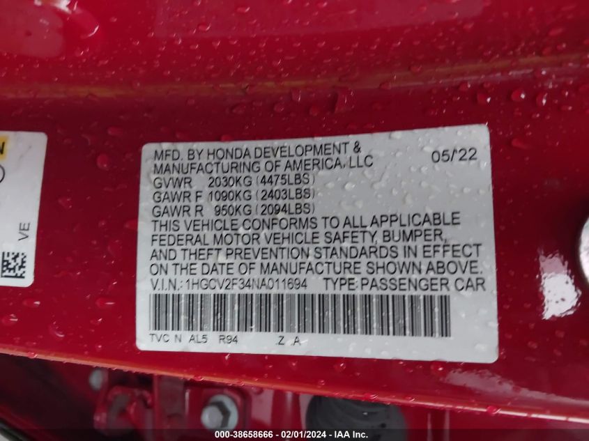 2022 HONDA ACCORD SPORT 2.0T - 1HGCV2F34NA011694