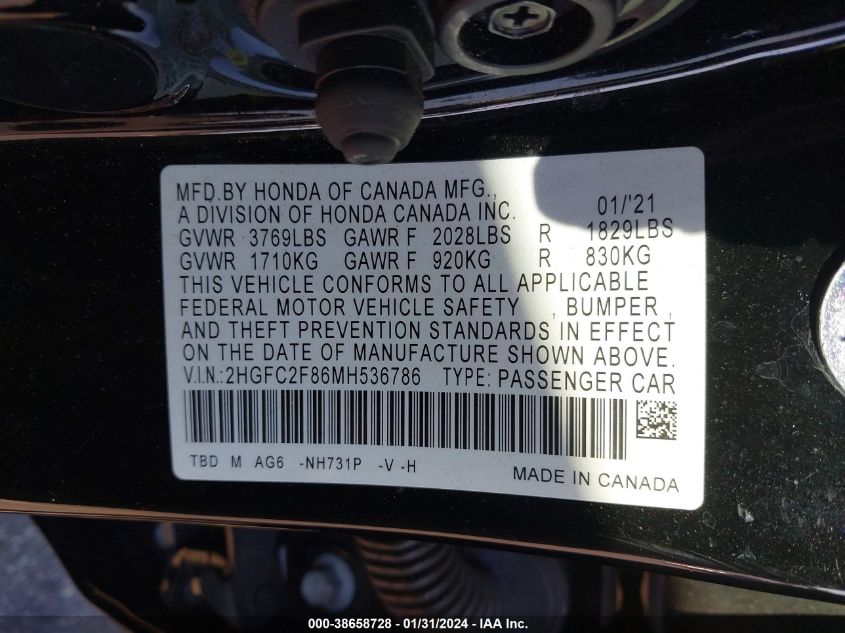2021 HONDA CIVIC SPORT - 2HGFC2F86MH536786
