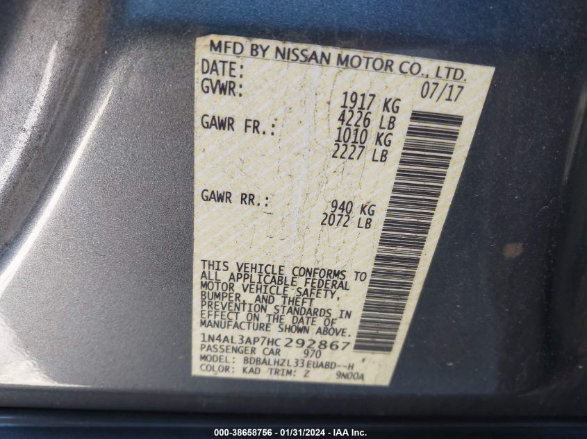 2017 NISSAN ALTIMA 2.5 SR - 1N4AL3AP7HC292867