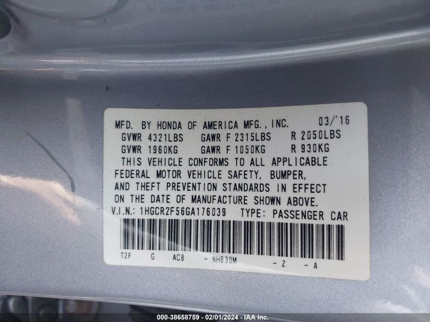 2016 HONDA ACCORD SPORT - 1HGCR2F56GA176039