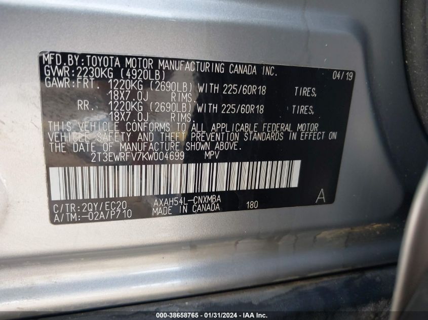 2019 TOYOTA RAV4 HYBRID XSE - 2T3EWRFV7KW004699
