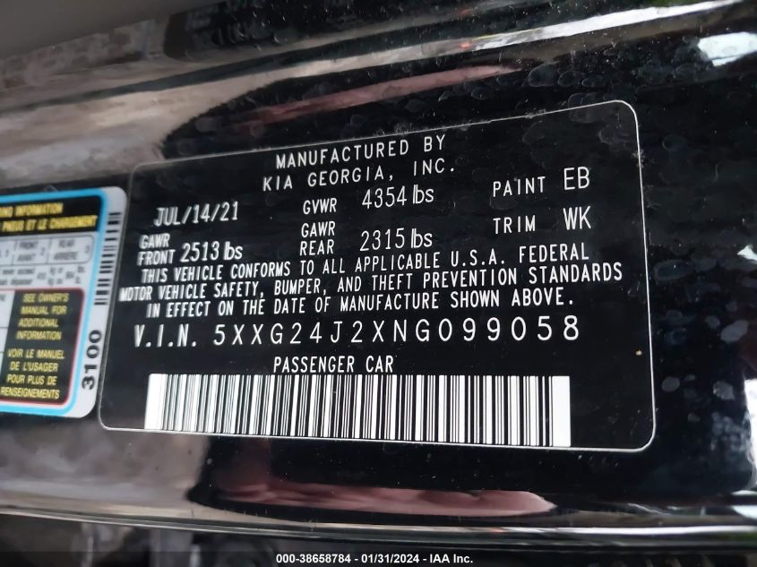 2022 KIA K5 LX - 5XXG24J2XNG099058
