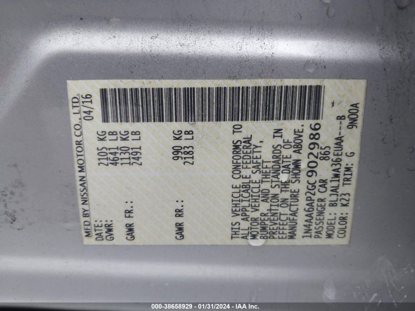 2016 NISSAN MAXIMA 3.5 SR - 1N4AA6AP2GC902986