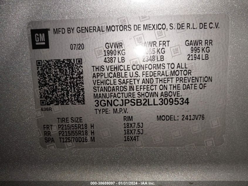 2020 CHEVROLET TRAX AWD LT - 3GNCJPSB2LL309534