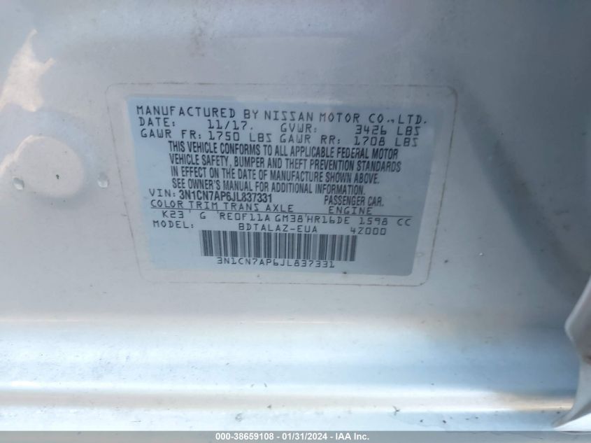 2018 NISSAN VERSA 1.6 S+ - 3N1CN7AP6JL837331