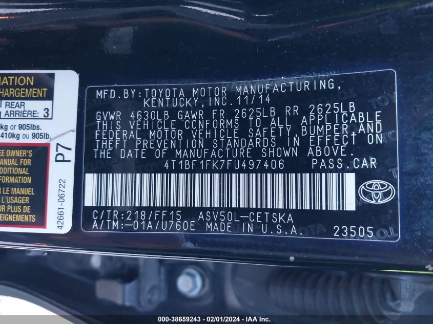 2015 TOYOTA CAMRY SE - 4T1BF1FK7FU497406