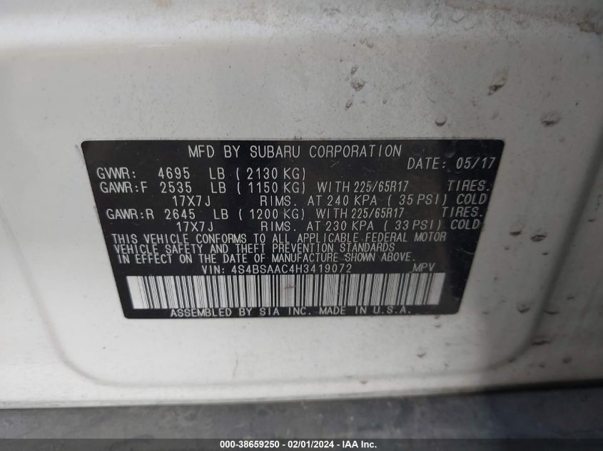 2017 SUBARU OUTBACK 2.5I - 4S4BSAAC4H3419072
