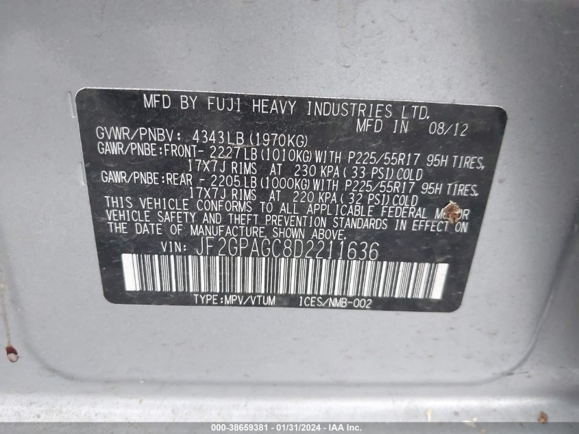 2013 SUBARU XV CROSSTREK 2.0I LIMITED - JF2GPAGC8D2211636
