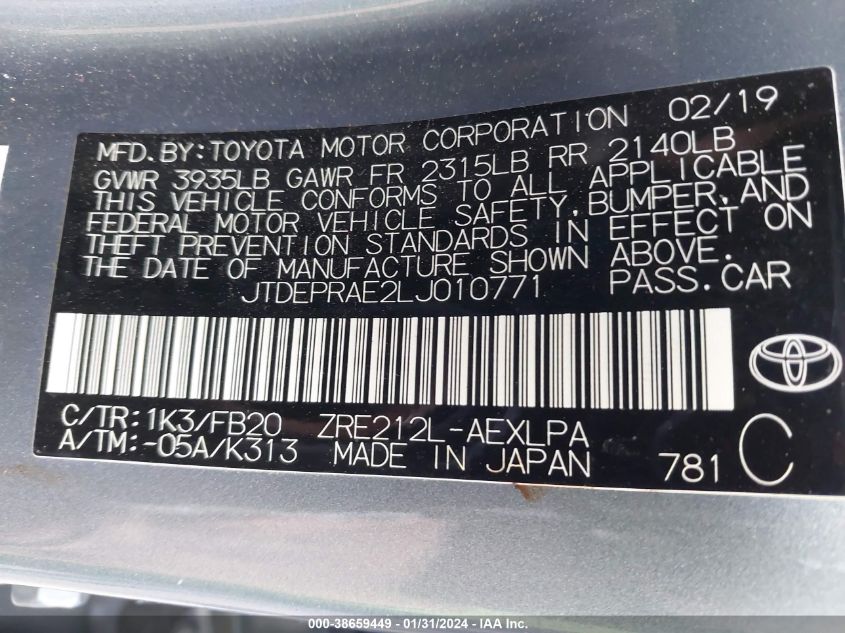 2020 TOYOTA COROLLA LE - JTDEPRAE2LJ010771