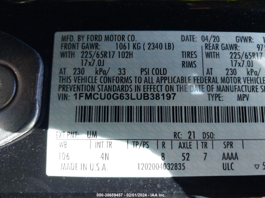 2020 FORD ESCAPE SE - 1FMCU0G63LUB38197