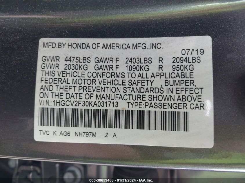 2019 HONDA ACCORD SPORT 2.0T - 1HGCV2F30KA031713