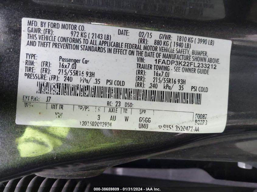 2015 FORD FOCUS SE - 1FADP3K22FL233212