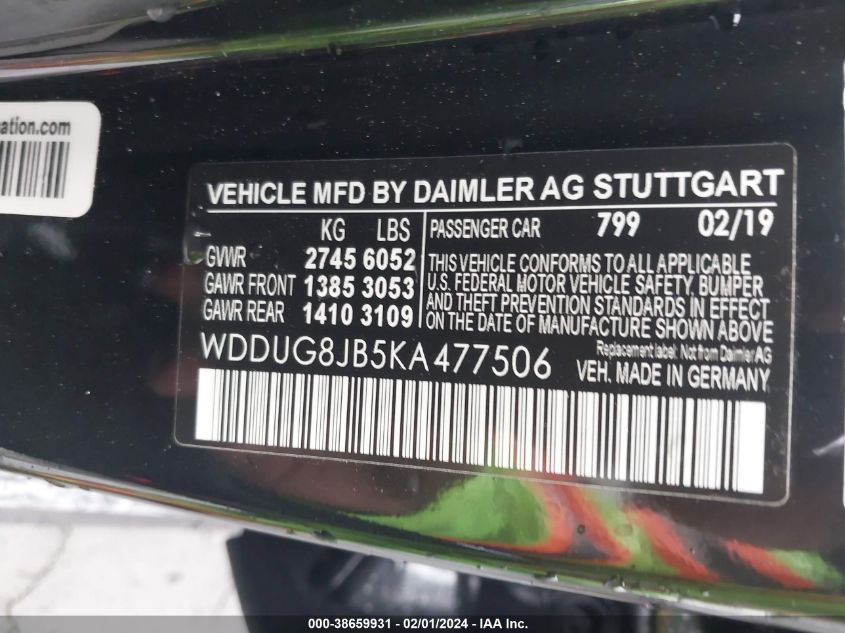2019 MERCEDES-BENZ AMG S 63 4MATIC WDDUG8JB5KA477506