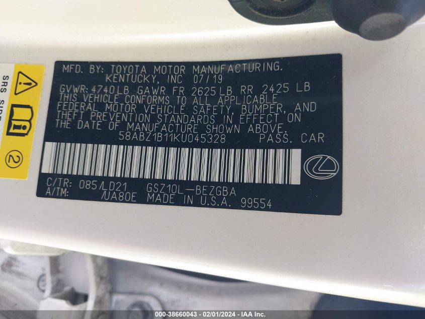 2019 LEXUS ES 350 350 - 58ABZ1B11KU045328