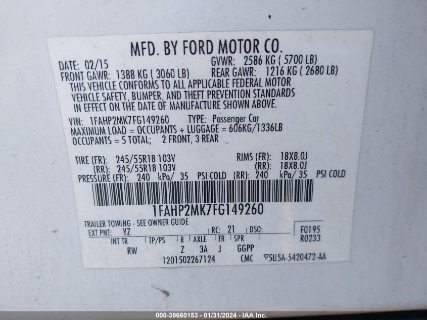 2015 FORD POLICE INTERCEPTOR - 1FAHP2MK7FG149260
