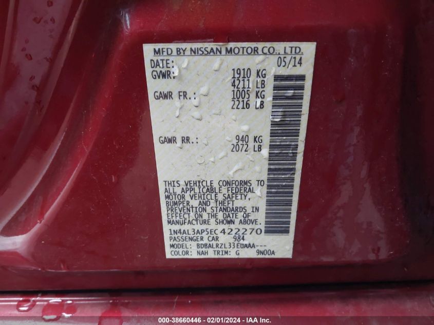 2014 NISSAN ALTIMA 2.5/S/SV/SL - 1N4AL3AP5EC422270