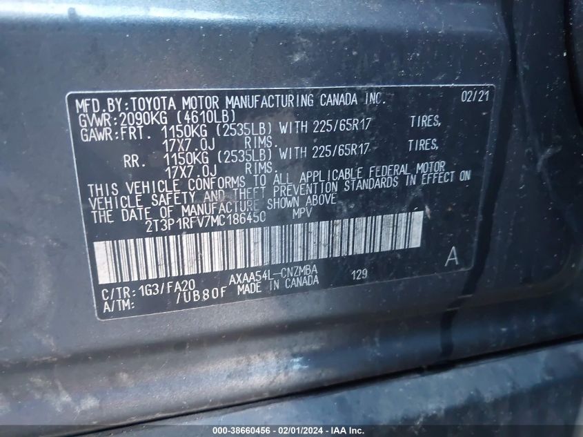 2021 TOYOTA RAV4 XLE/XLE PREMIUM - 2T3P1RFV7MC186450