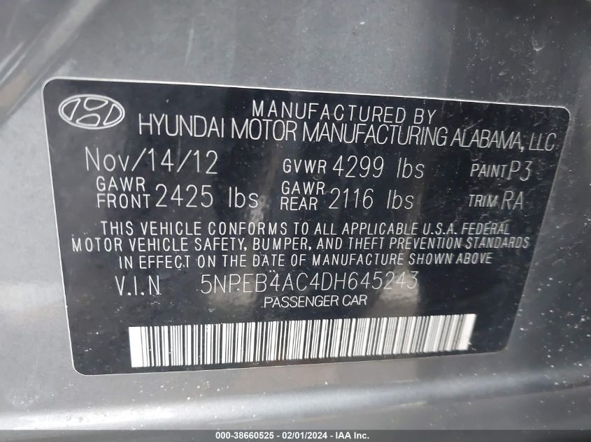 2013 HYUNDAI SONATA GLS - 5NPEB4AC4DH645243