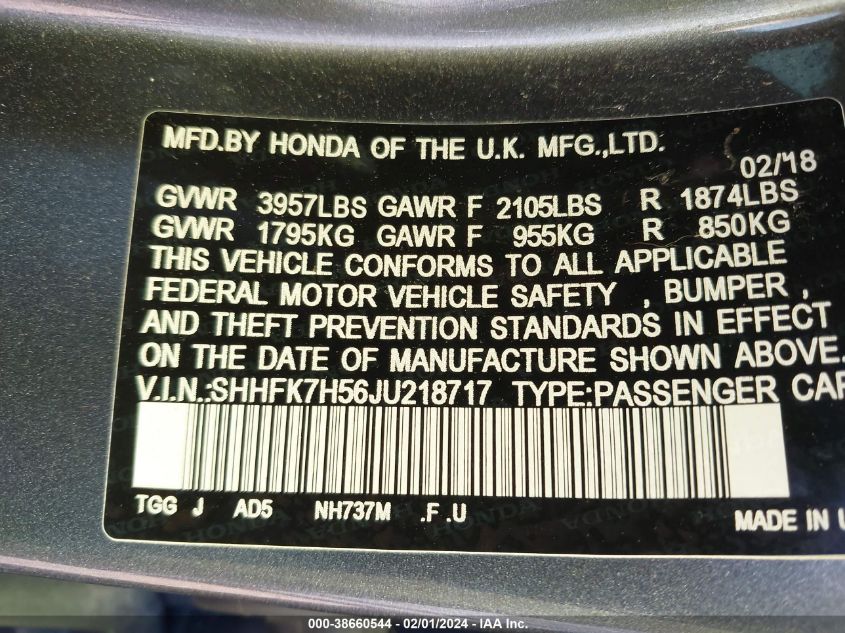 2018 HONDA CIVIC EX - SHHFK7H56JU218717