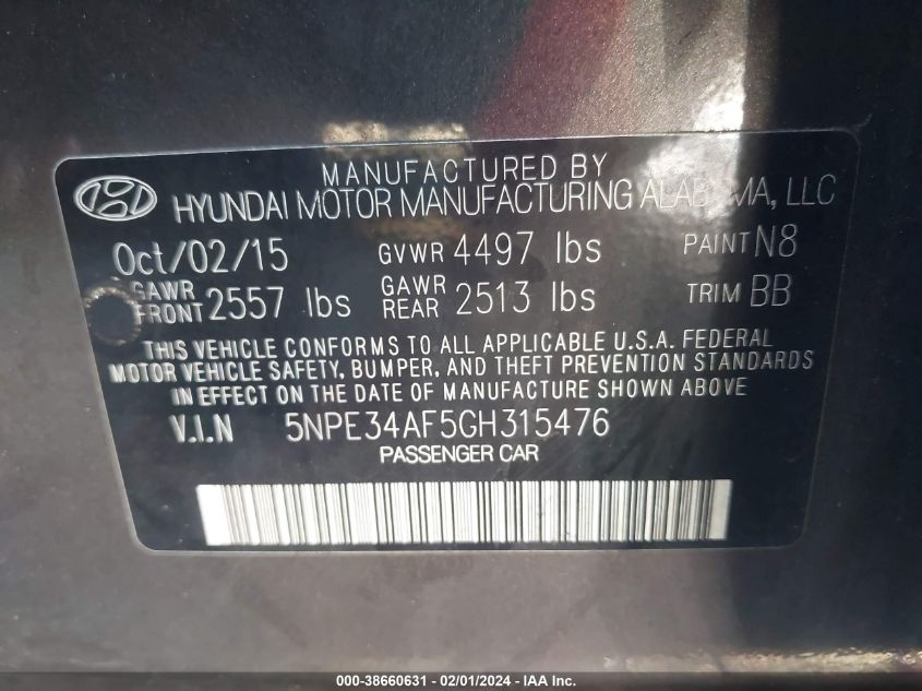 2016 HYUNDAI SONATA LIMITED - 5NPE34AF5GH315476