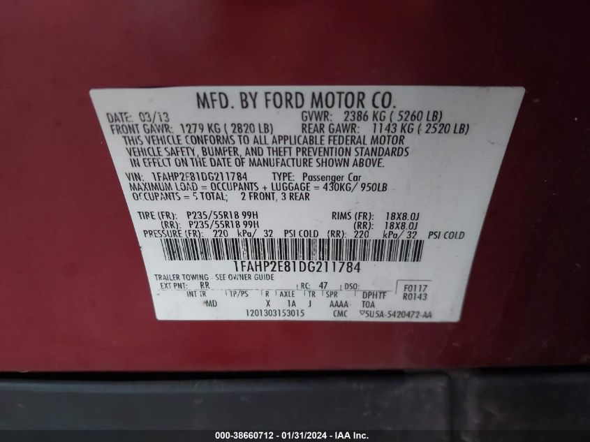 2013 FORD TAURUS SEL - 1FAHP2E81DG211784