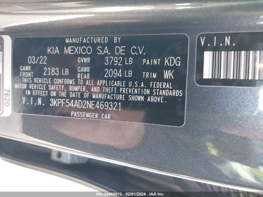 2022 KIA FORTE GT LINE - 3KPF54AD2NE469321