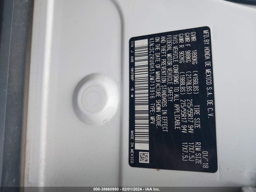 VIN 3CZRU6H31JM713916 2018 HONDA HR-V LX