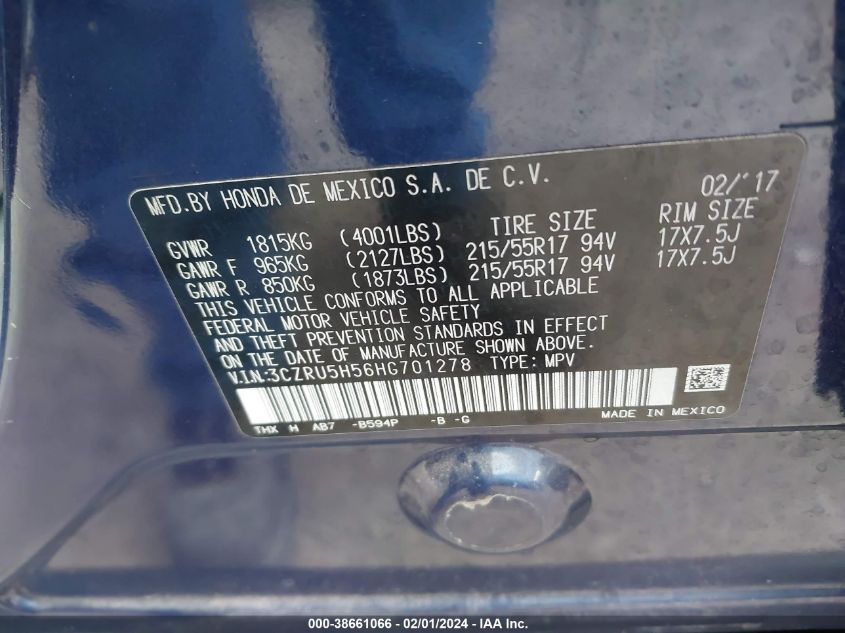 2017 HONDA HR-V EX - 3CZRU5H56HG701278