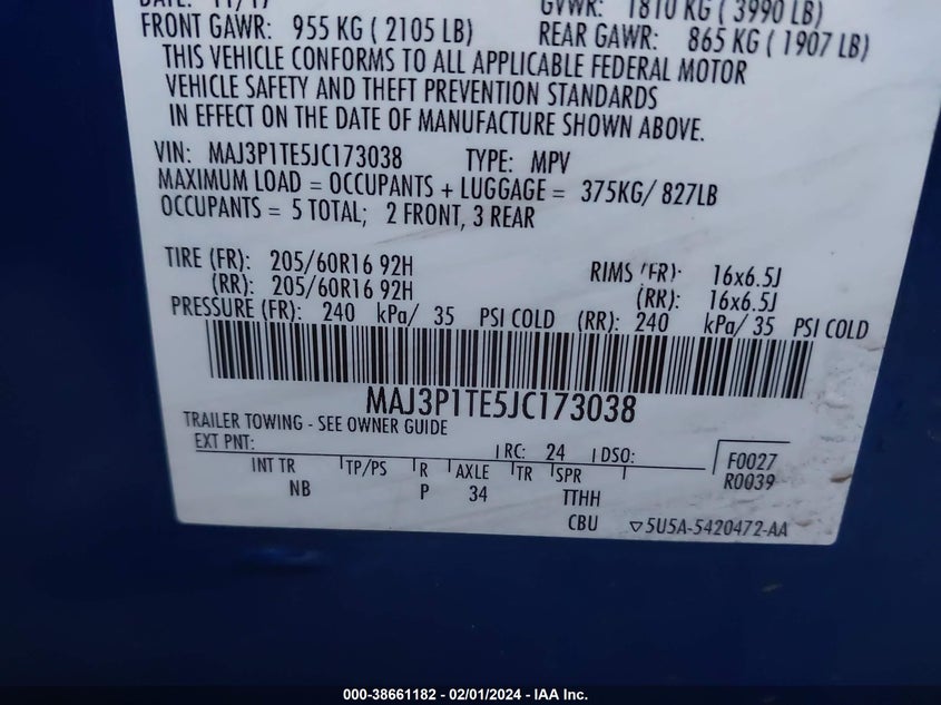 VIN MAJ3P1TE5JC173038 2018 FORD ECOSPORT SE