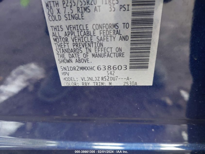 2017 NISSAN PATHFINDER S/SV/SL/PLATINUM - 5N1DR2MMXHC638603