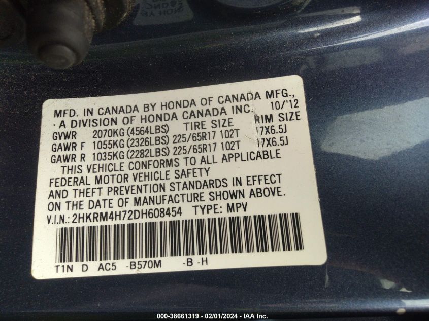 2013 HONDA CR-V EXL - 2HKRM4H72DH608454
