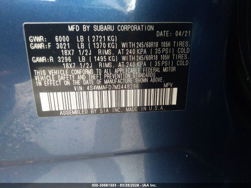 2021 SUBARU ASCENT PREMIUM - 4S4WMAFD7M3448296
