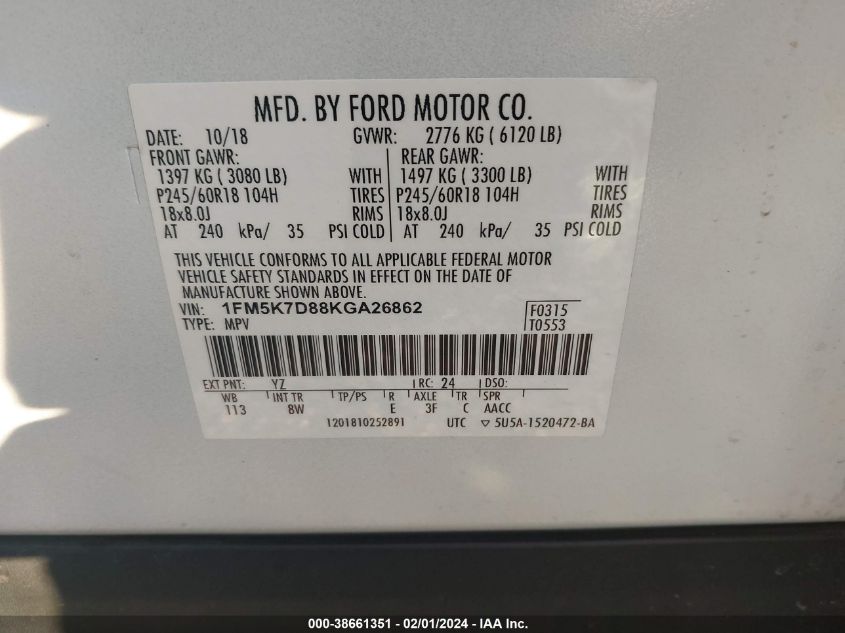 2019 FORD EXPLORER XLT - 1FM5K7D88KGA26862