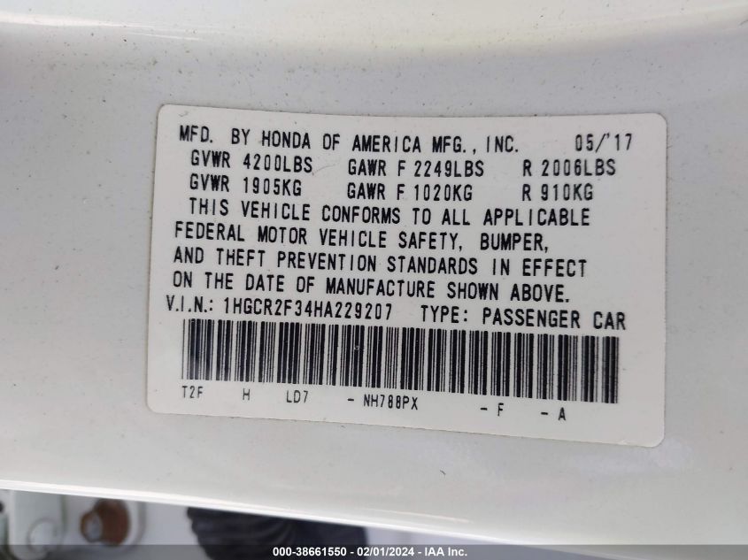 2017 HONDA ACCORD LX - 1HGCR2F34HA229207