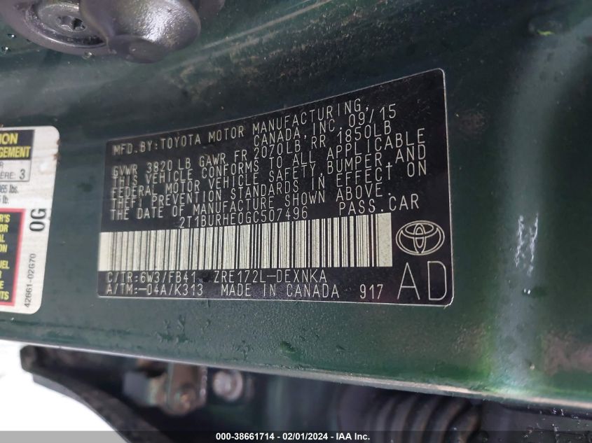 2016 TOYOTA COROLLA L/LE/LE PLS/PRM/S/S PLS - 2T1BURHE0GC507496