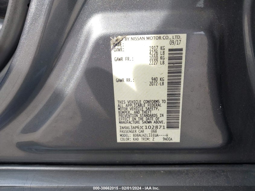 VIN 1N4AL3AP6JC102871 2018 NISSAN ALTIMA 2.5/S/SV/SL/SR