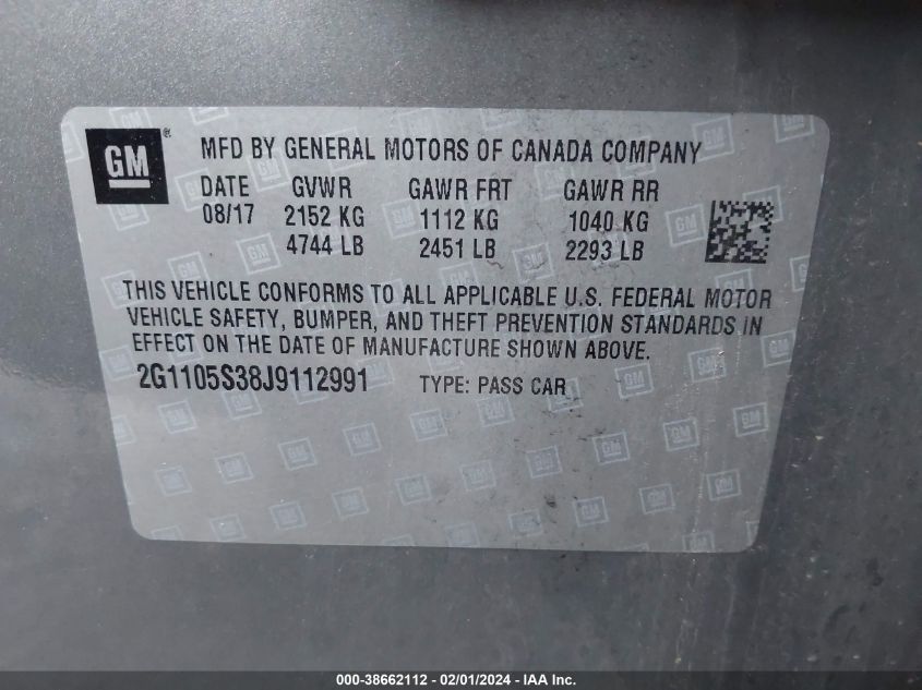 2018 CHEVROLET IMPALA 1LT - 2G1105S38J9112991